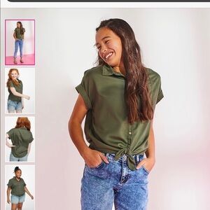 Olive Tie Hem Button Up Shirt